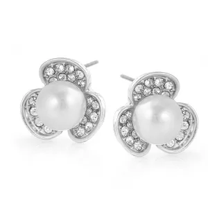 SILVER 10MM PEARL CRYSTAL FLOWER STUD EARRING #SQ121908S (GE2)