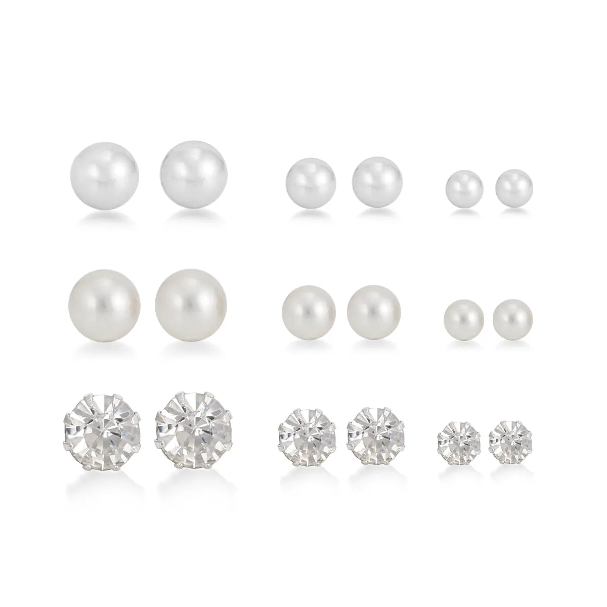 SILVER AND CRYSTAL SET OF 9 GRADUATED SIZE STUD EARRINGS #SQ5068S