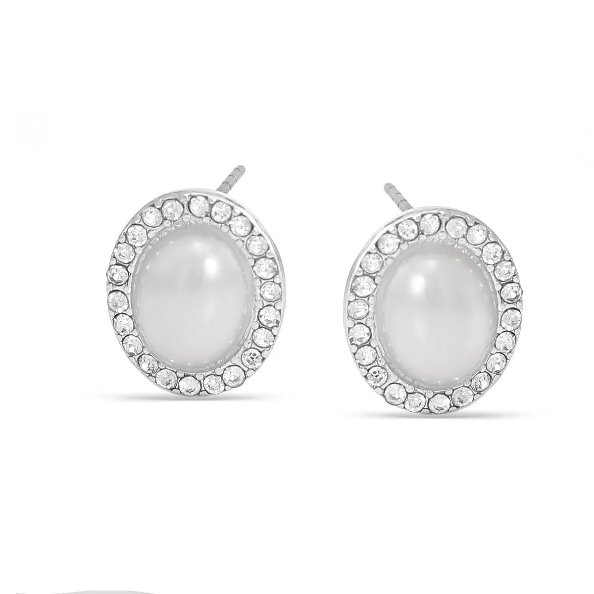SILVER CRYSTAL OVAL PEARL STUD EARRING #SQ121911S(NA15)