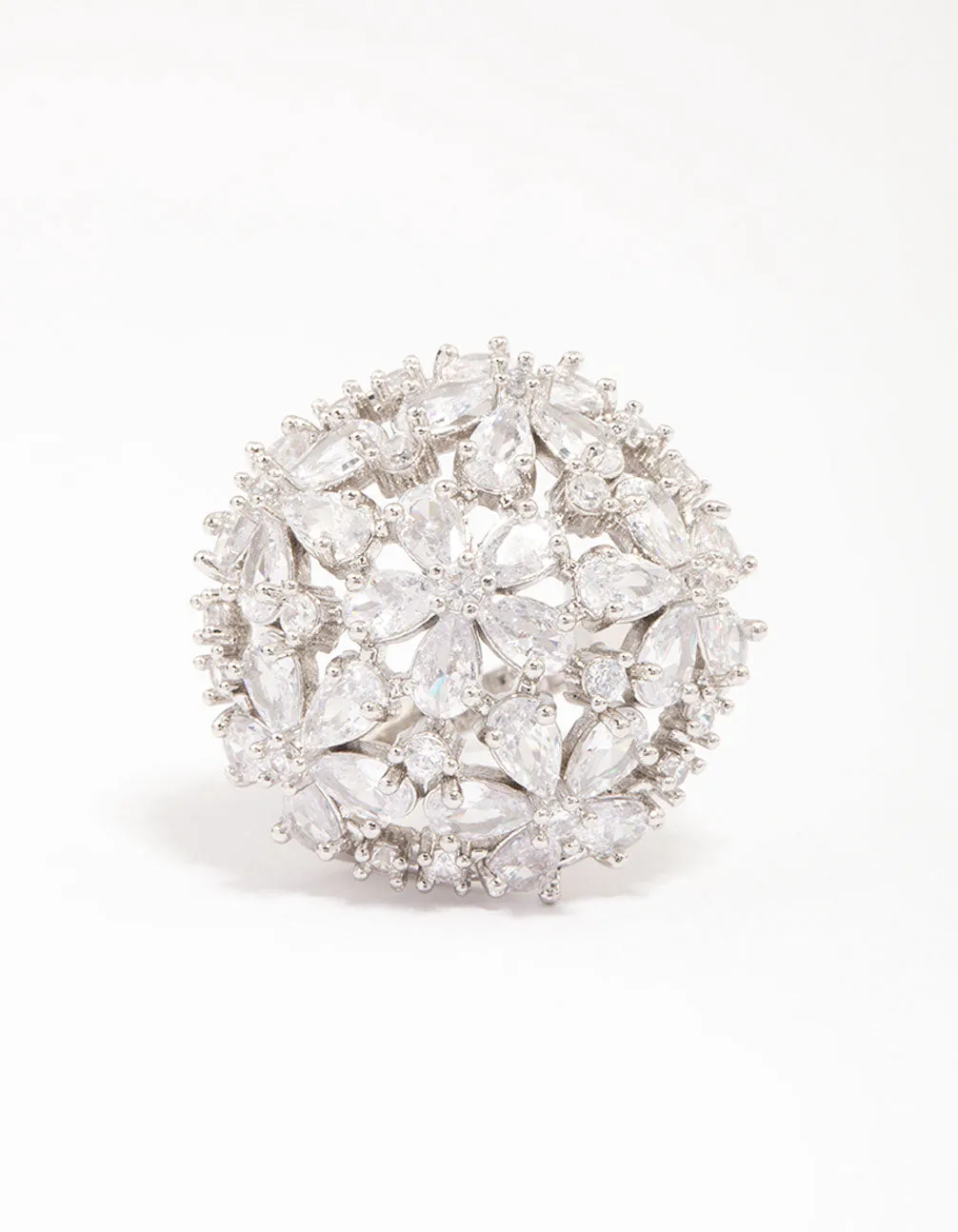 Silver Flower Dome Cocktail Ring