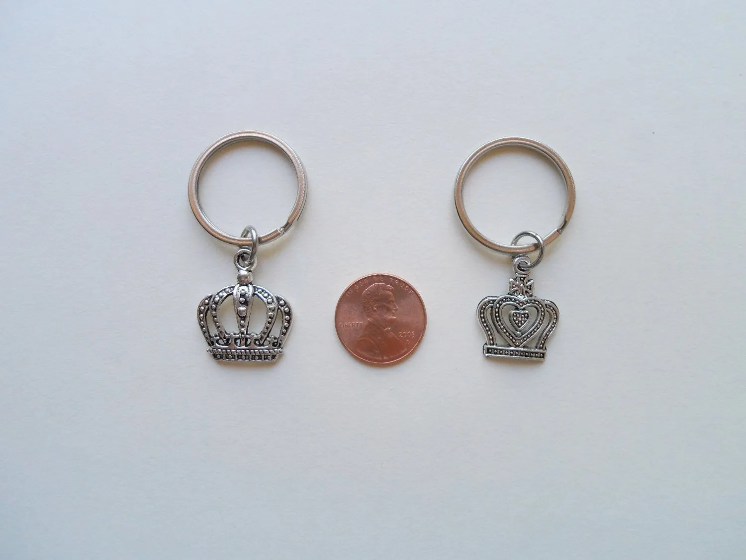 Silver Tone King and Queen Crown Keychain Set - King & Queen; Couples Keychain Set