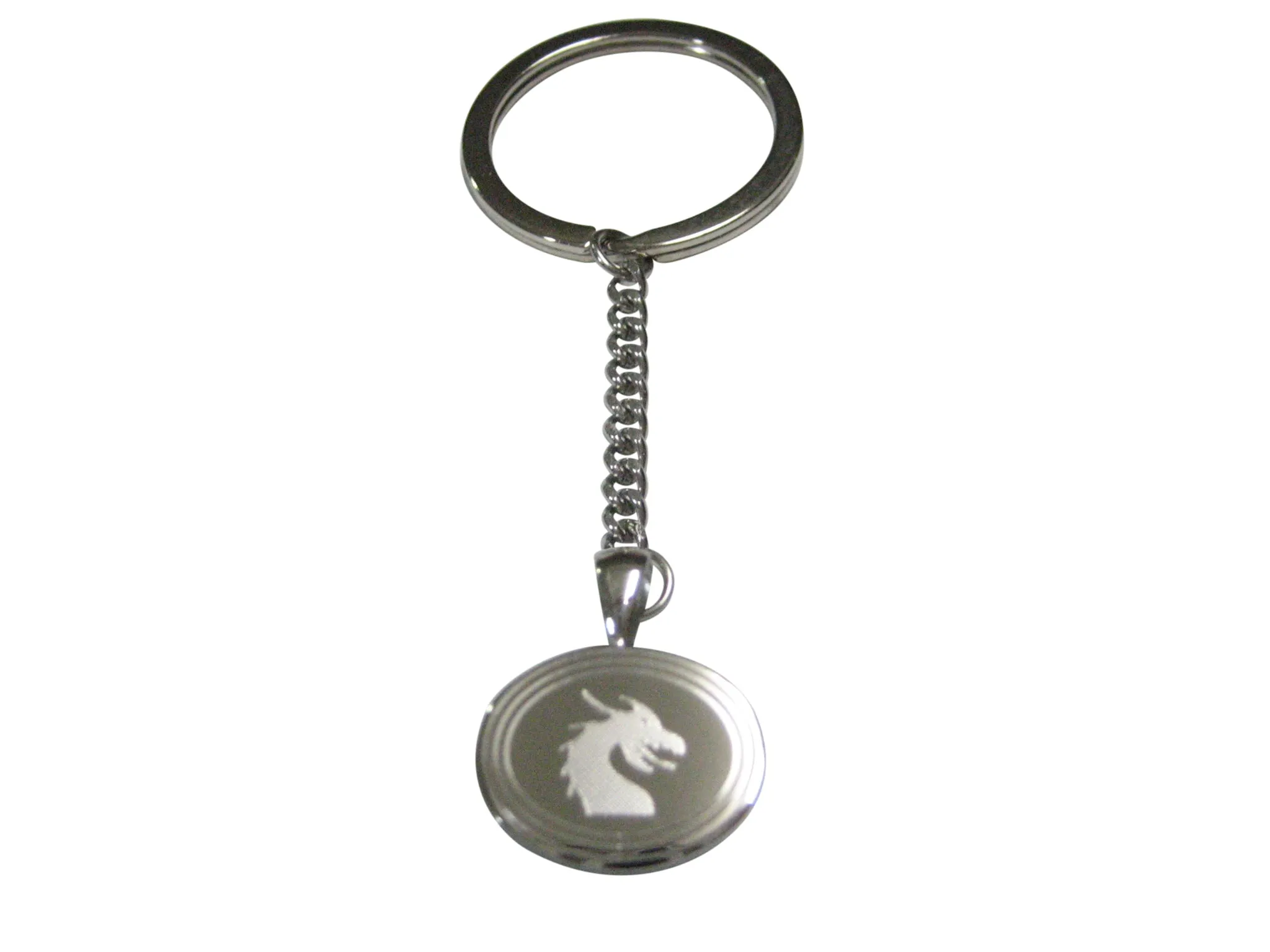 Silver Toned Etched Oval Dragon Head Pendant Keychain