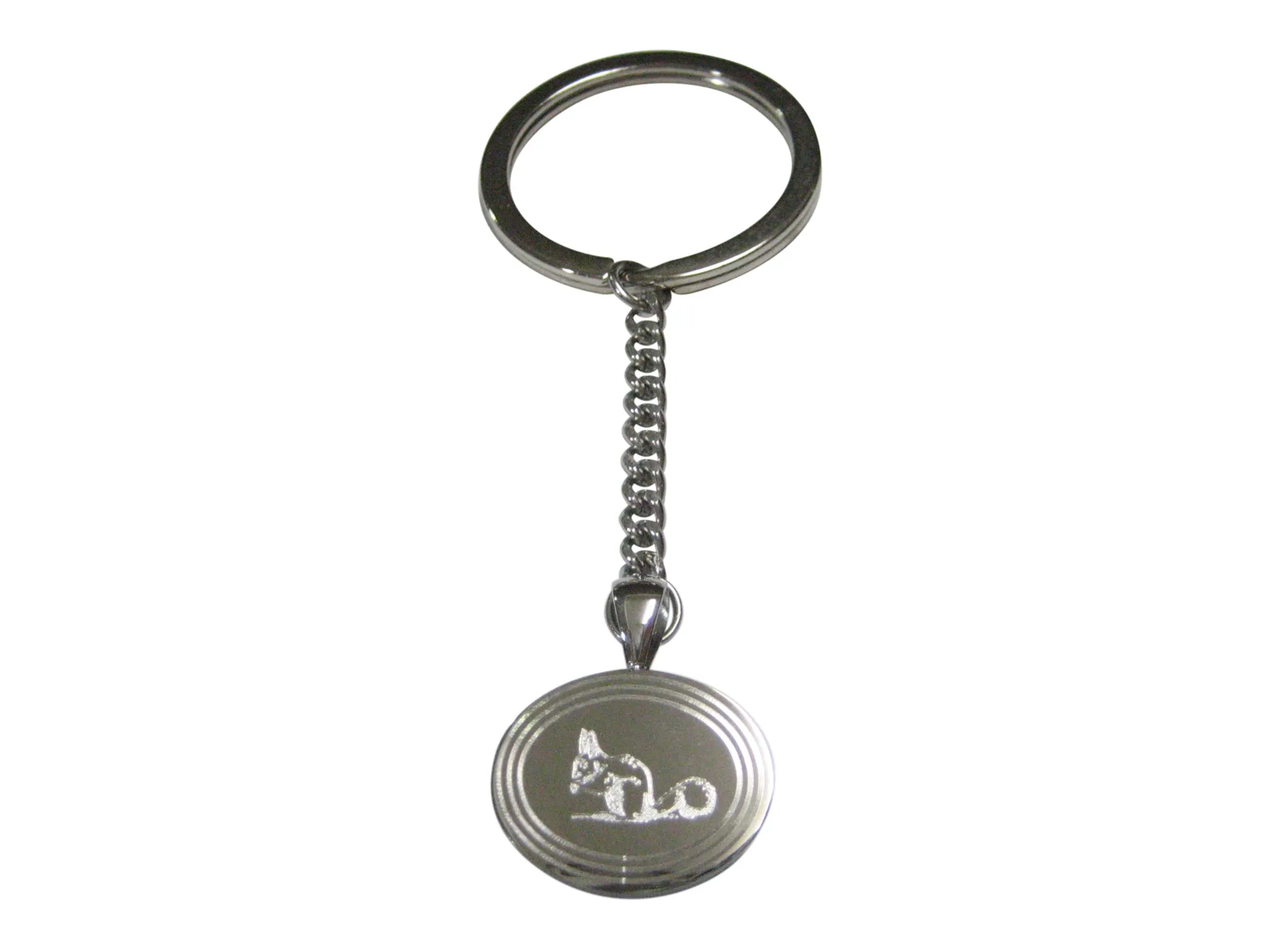Silver Toned Etched Oval Squirrel Pendant Keychain