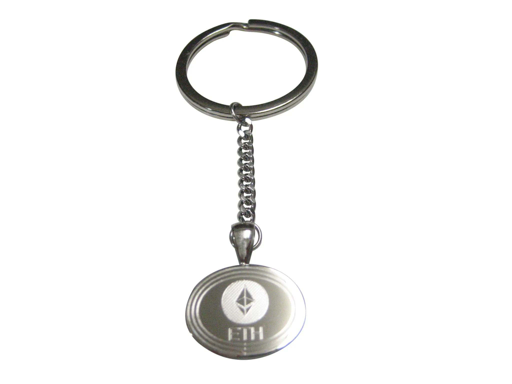 Silver Toned Oval Etched Ethereum Coin Cryptocurrency Blockchain Pendant Keychain