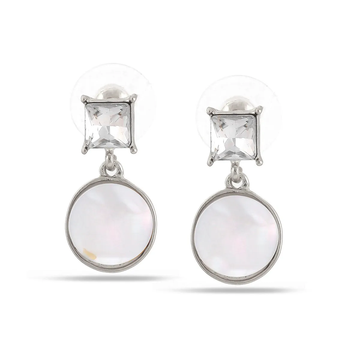 SILVER WHITE CRYSTAL ROUND MOTHER OF PEARL STUD  EARRING #SWKK-4981SIL
