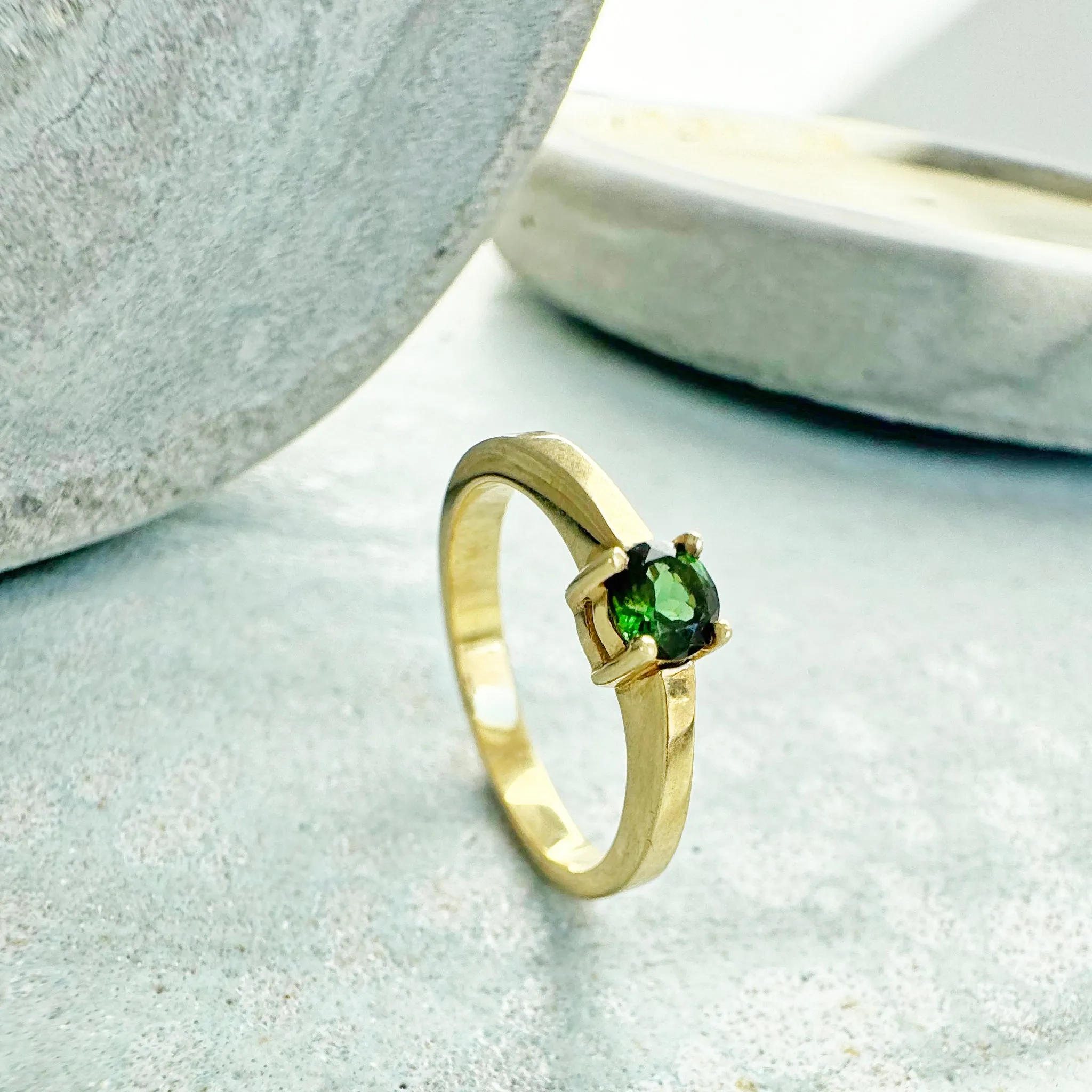 Simply Stylish Petite Yellow Gold Round Tourmaline Solitaire Ring