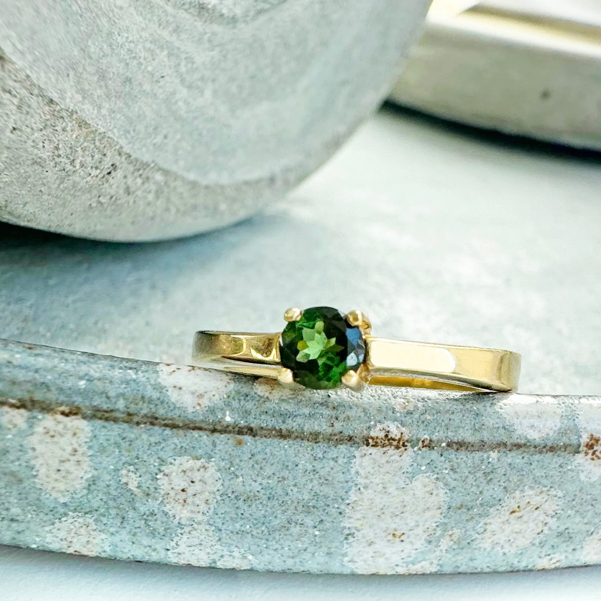 Simply Stylish Petite Yellow Gold Round Tourmaline Solitaire Ring