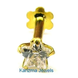 Single White CZ Studded Body Piercing Nose Stud Pin Solid 14k Yellow Gold Screw Back