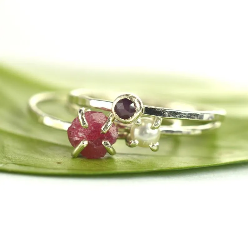 Size 7-7.5 / Raw Pink Ruby Stacking Ring Set of 3