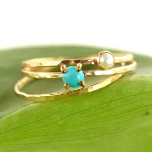 Size 9 / Turquoise & Pearl Stacking Ring Set of 3