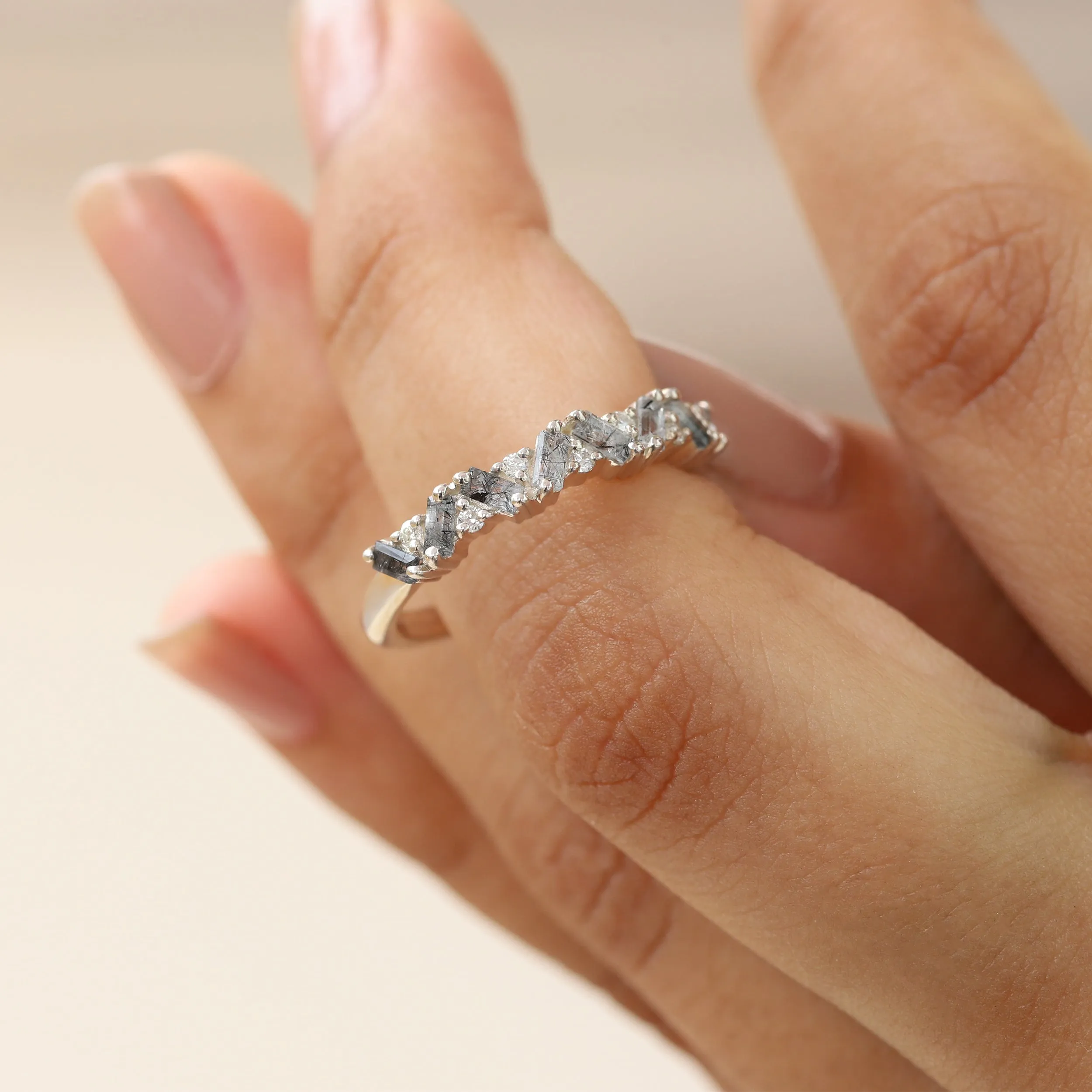 Skylar Black Rutile Quartz and Moissanite Multi Baguette Ring
