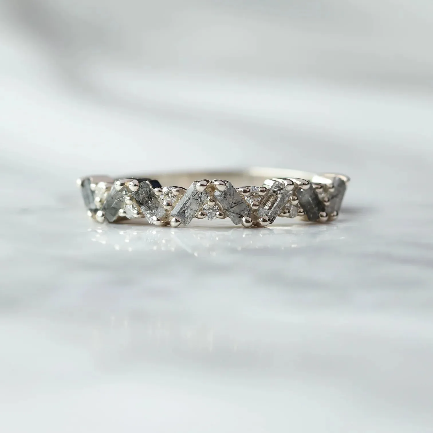 Skylar Black Rutile Quartz and Moissanite Multi Baguette Ring