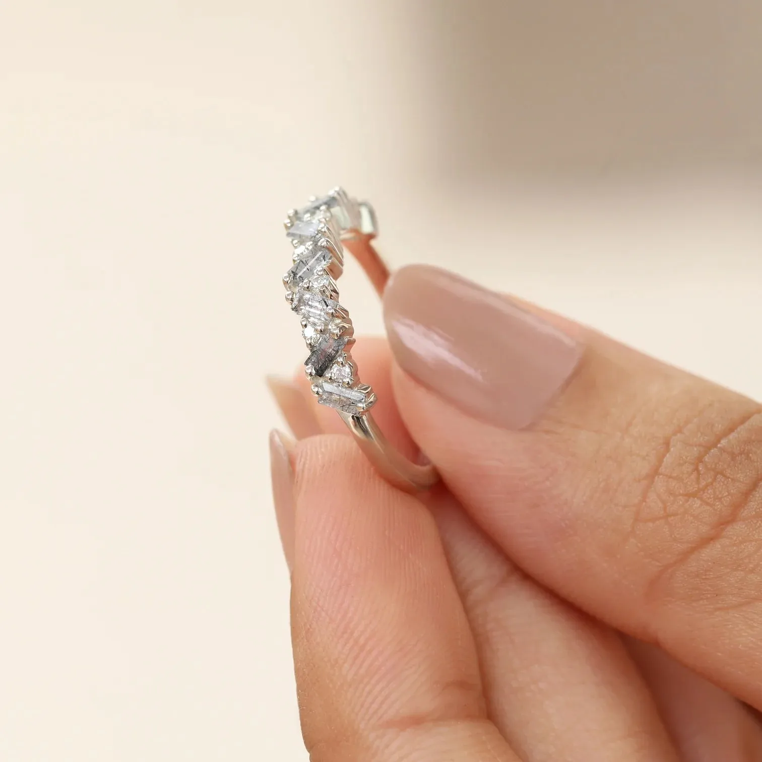 Skylar Black Rutile Quartz and Moissanite Multi Baguette Ring
