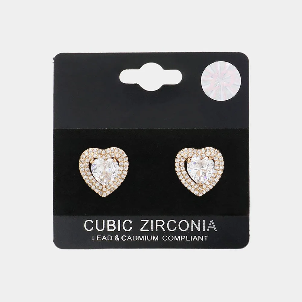 Small CZ Stone Heart Stud Earrings on Gold| Earrings for Little Girls | 615308