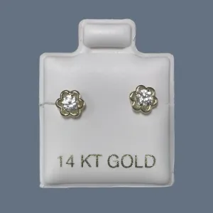 Small Flower Stud Earrings 14K Solid Yellow Gold With Safety Backing