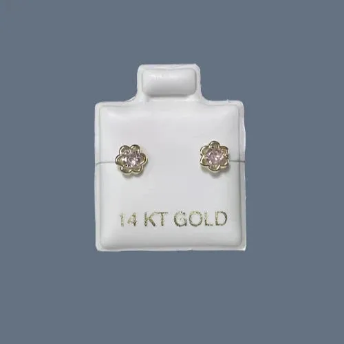 Small Flower Stud Earrings 14K Solid Yellow Gold With Safety Backing