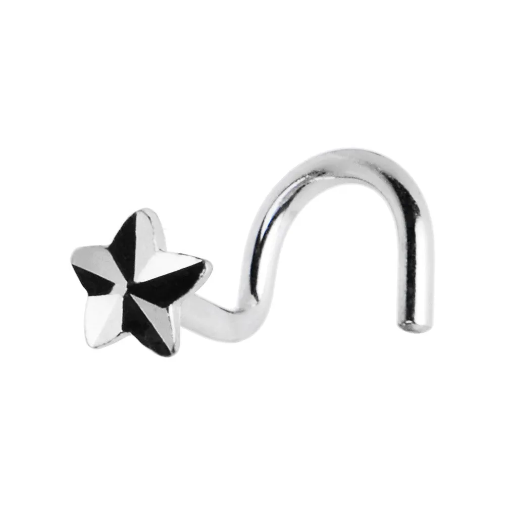 Solid 14KT White Gold Raised Star Nose Screw Ring