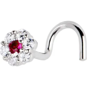 Solid 14KT White Gold Red CZ Flower Nose Screw Ring