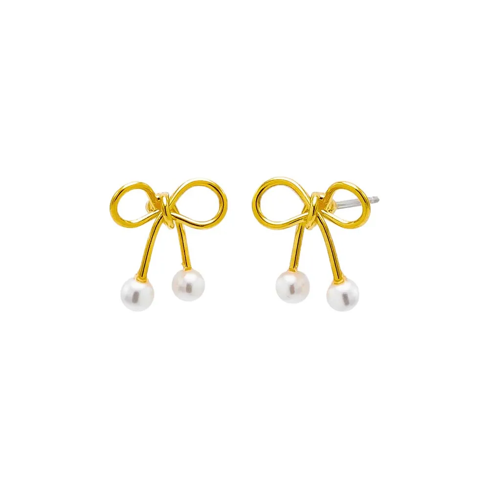 Solid Bow Tie X Pearl Stud Earring