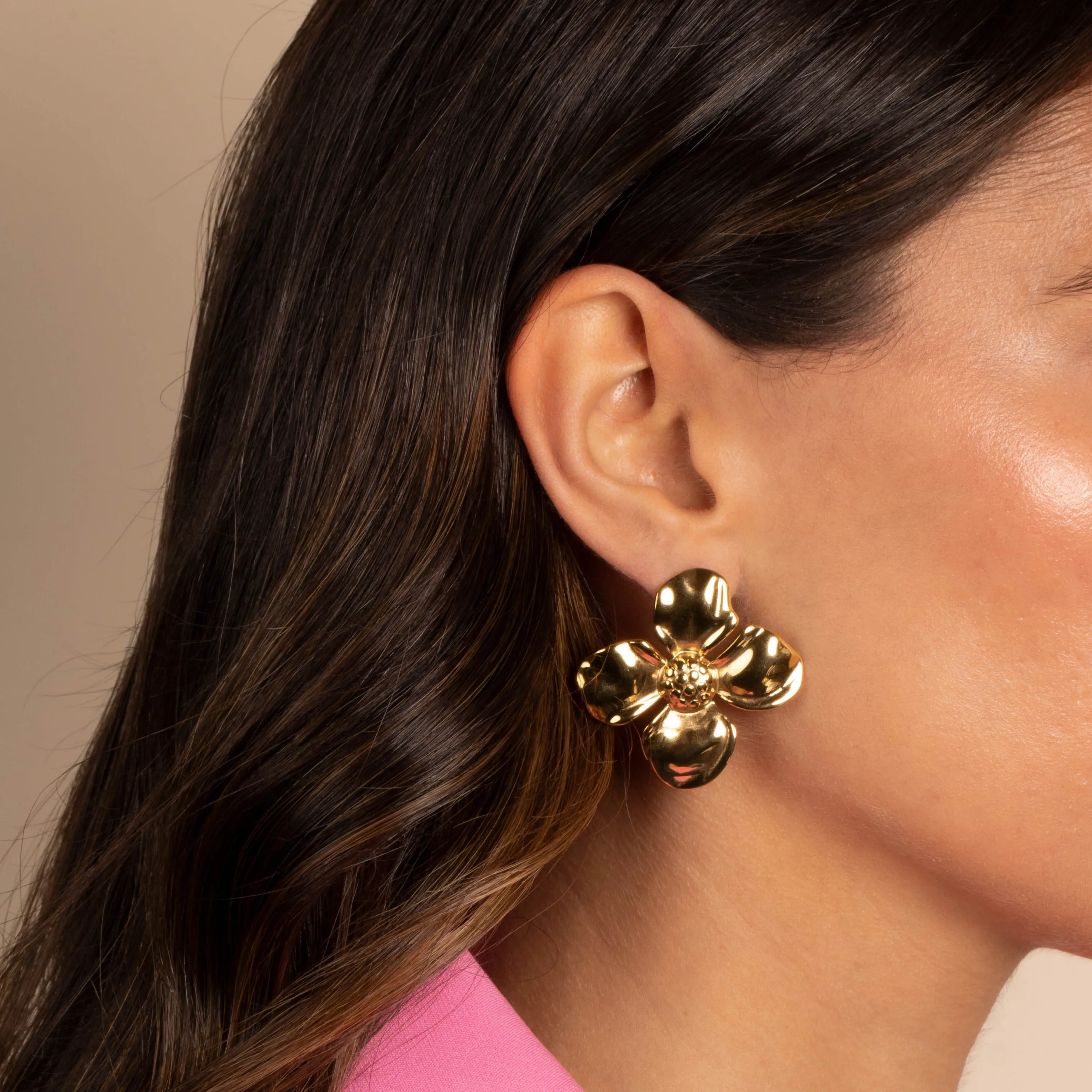 Solid Four Leaf Flower On The Ear Stud Earring