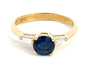 Solitaire Blue Sapphire with Baguette Diamond Accents Ring in 14k Yellow Gold