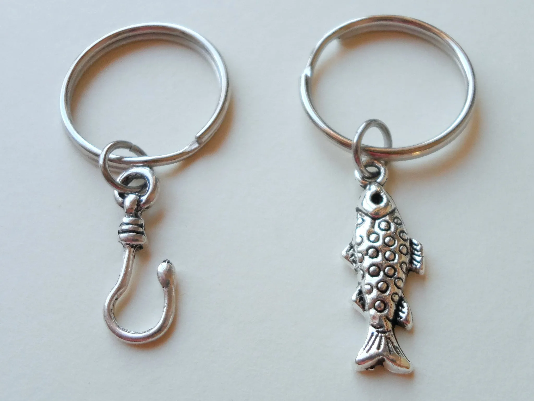 Spotted Fish and Hook Keychain Set - A Great Catch, I'm Hooked on You; Couples Keychain Set