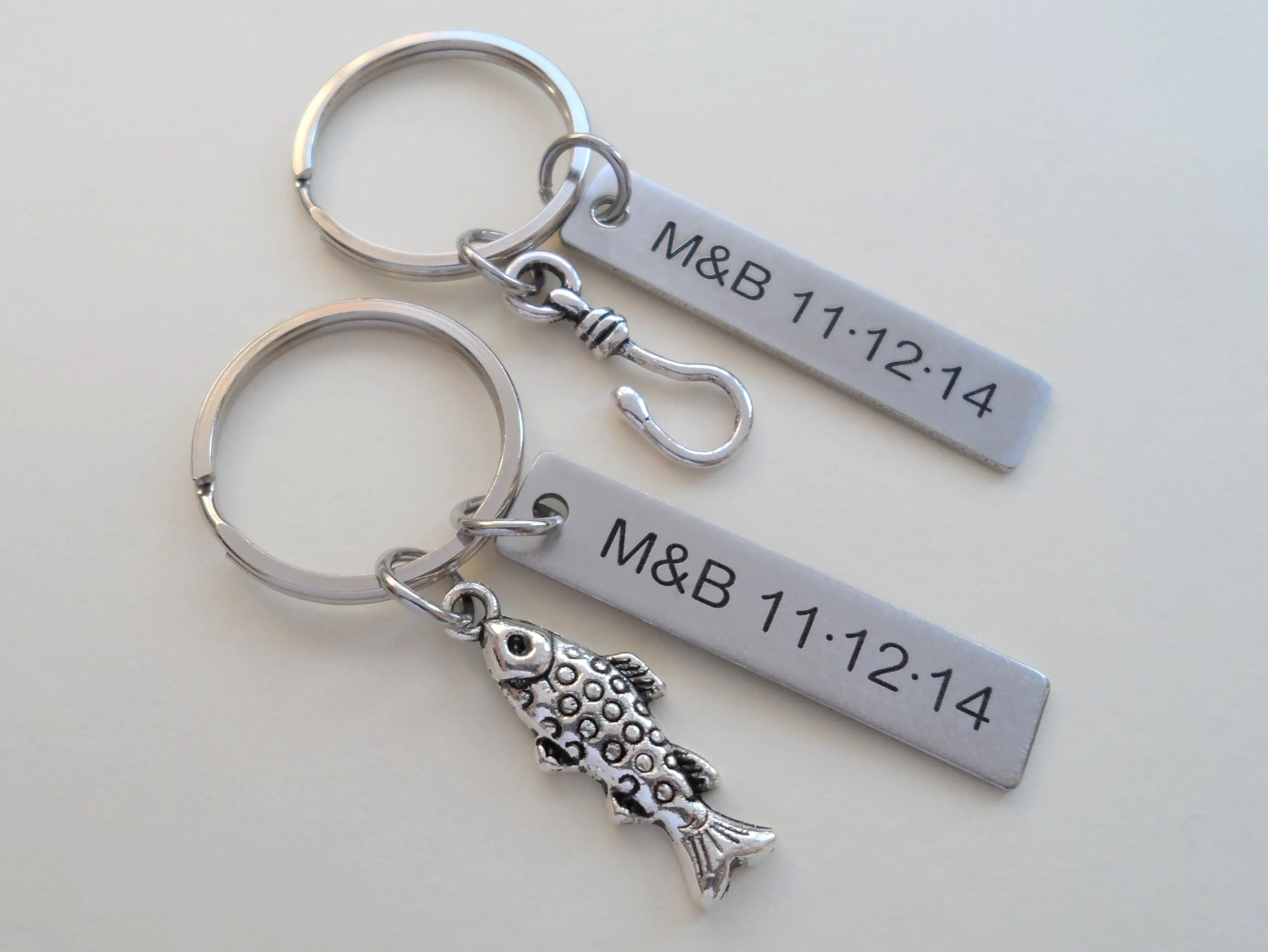 Spotted Fish and Hook Keychain Set - A Great Catch, I'm Hooked on You; Couples Keychain Set