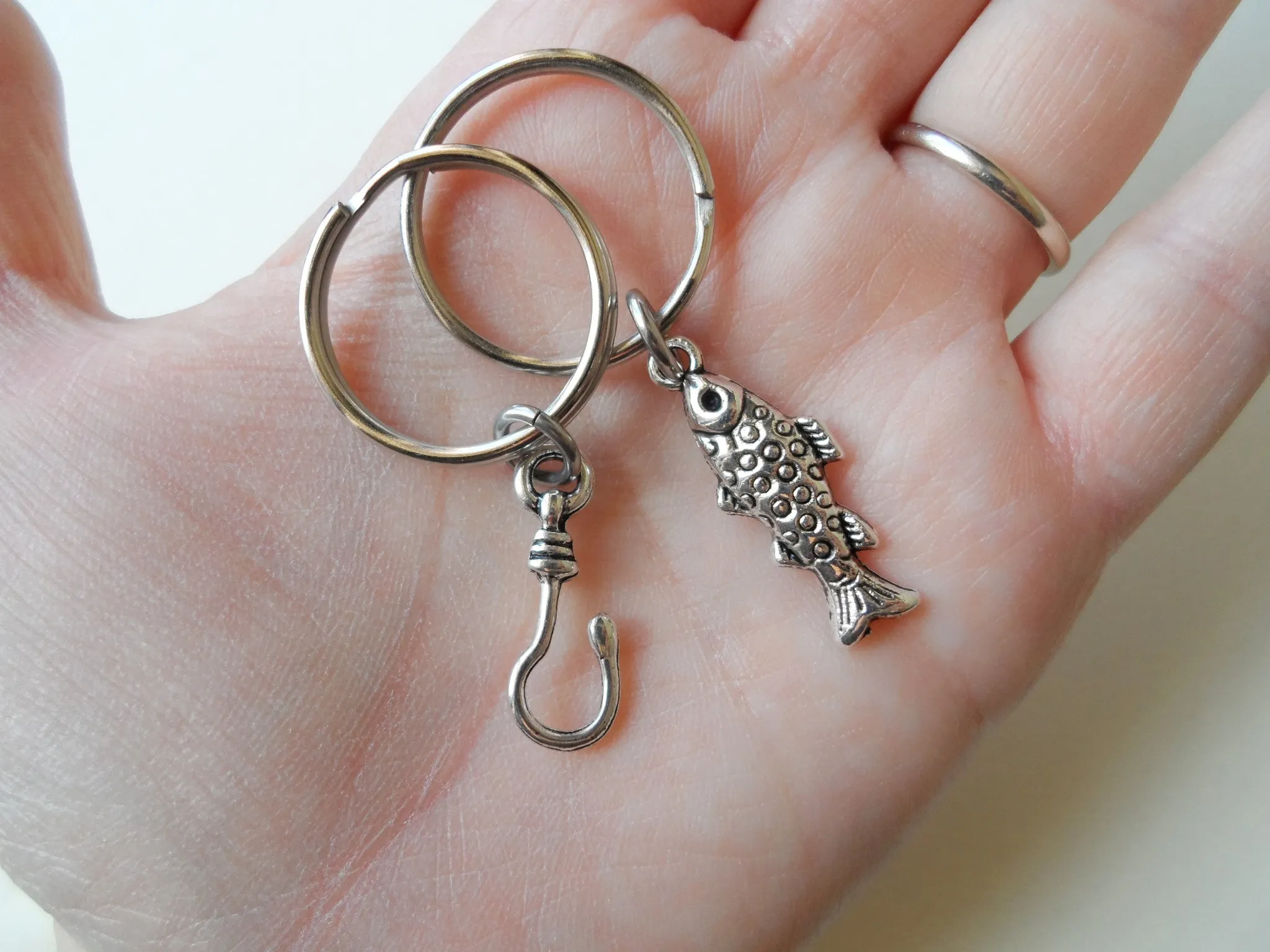 Spotted Fish and Hook Keychain Set - A Great Catch, I'm Hooked on You; Couples Keychain Set