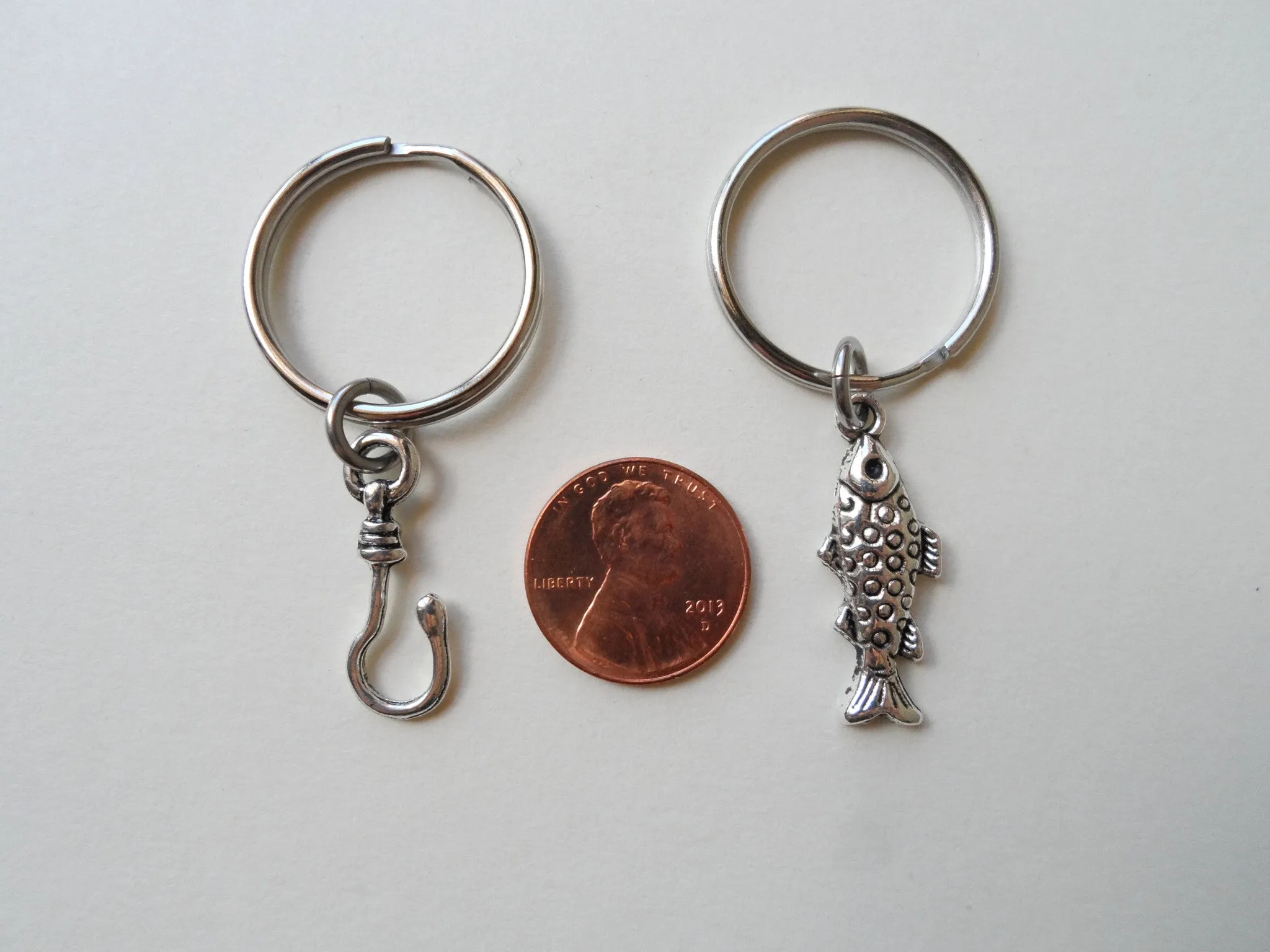 Spotted Fish and Hook Keychain Set - A Great Catch, I'm Hooked on You; Couples Keychain Set