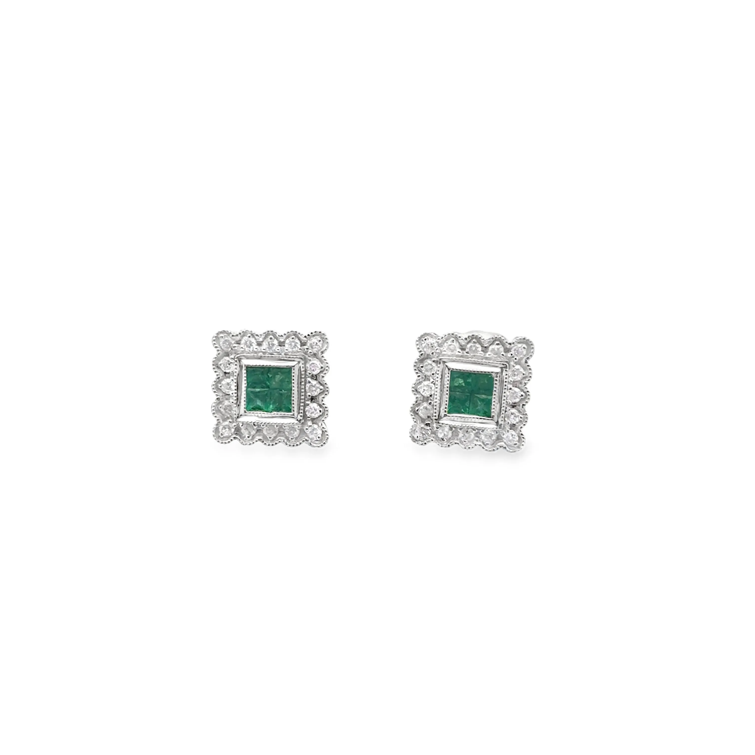 Square Emerald and Diamond Stud Earrings