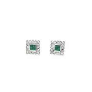 Square Emerald and Diamond Stud Earrings