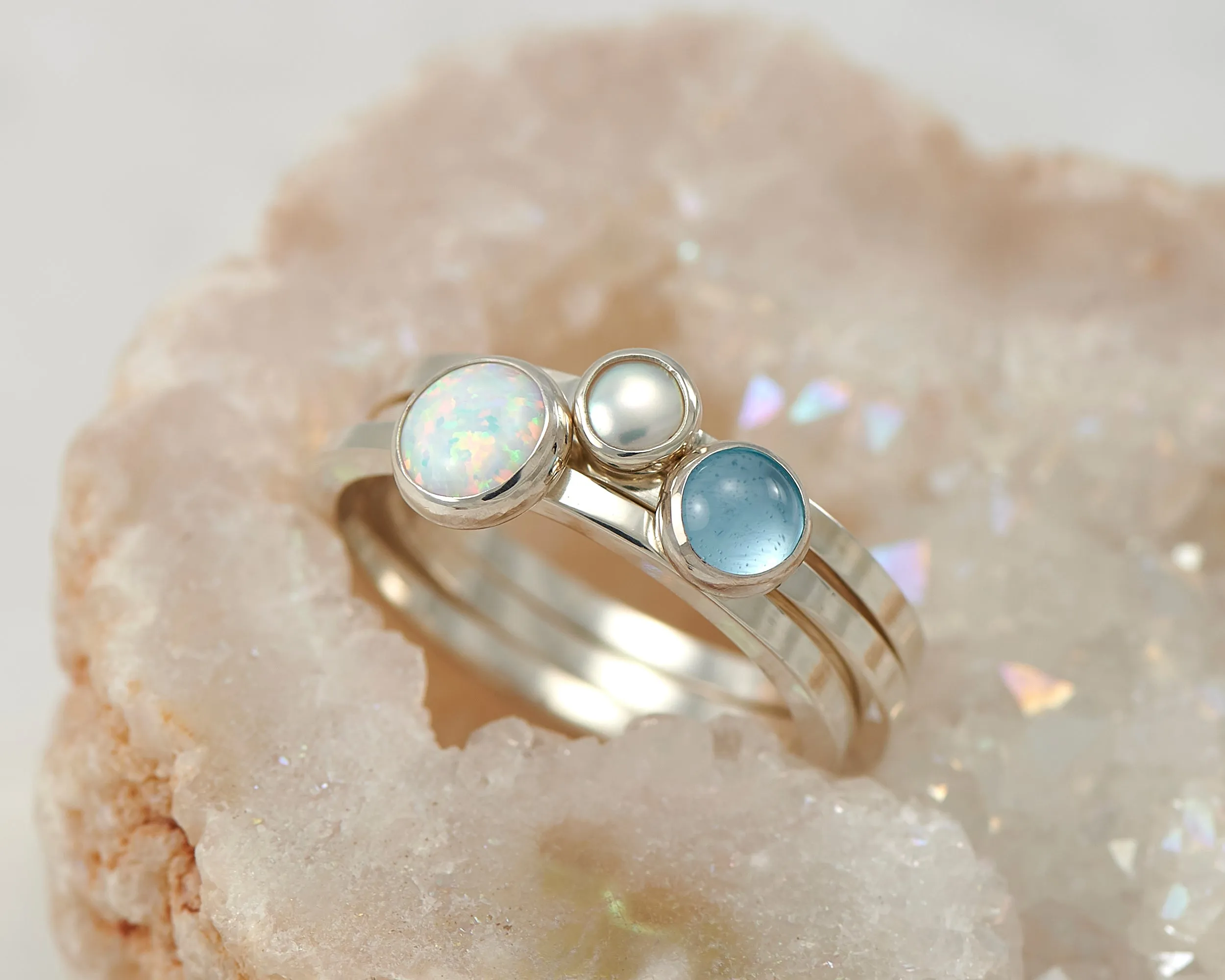 Stacking Rings - Opal, Pearl, Blue Topaz