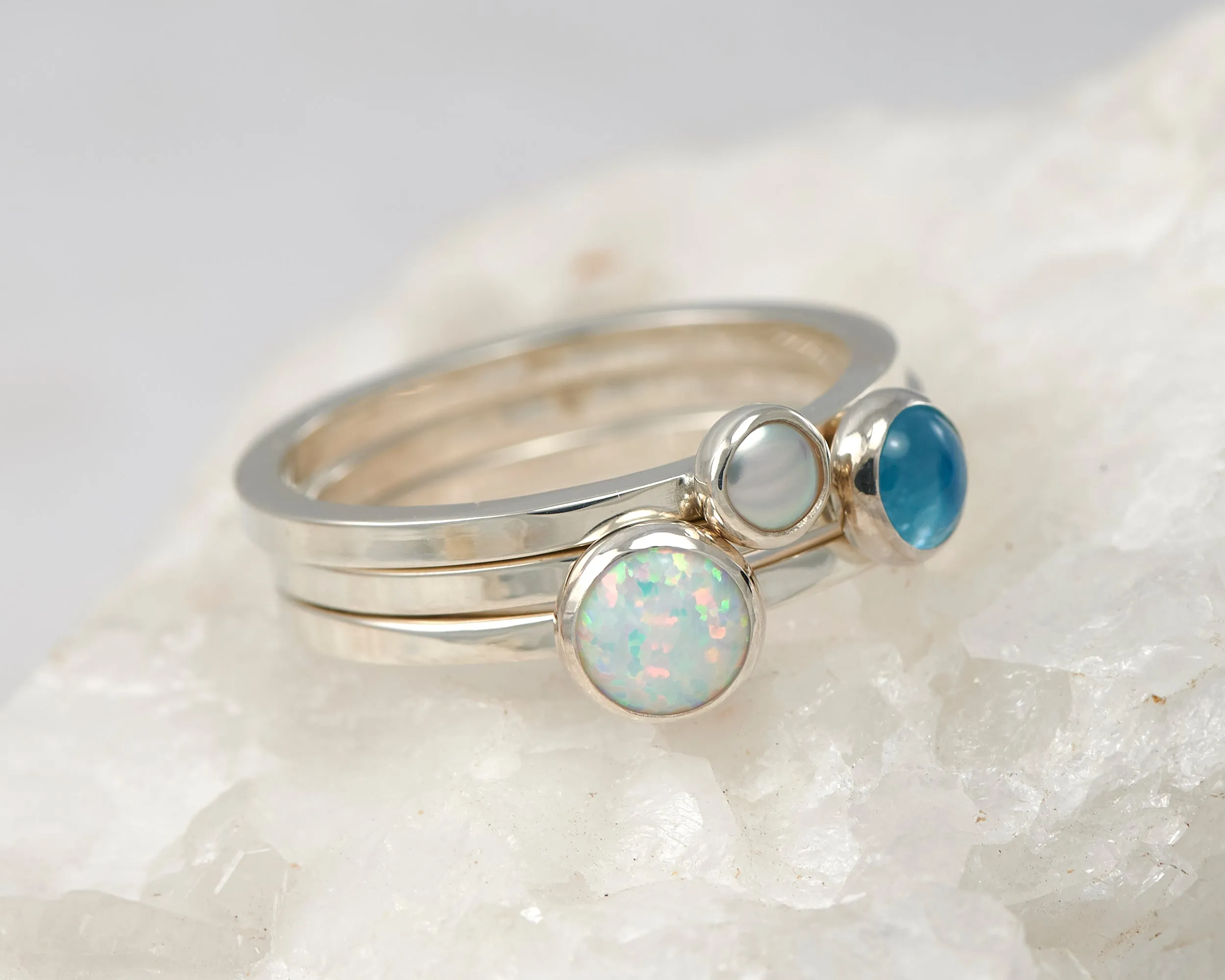 Stacking Rings - Opal, Pearl, Blue Topaz