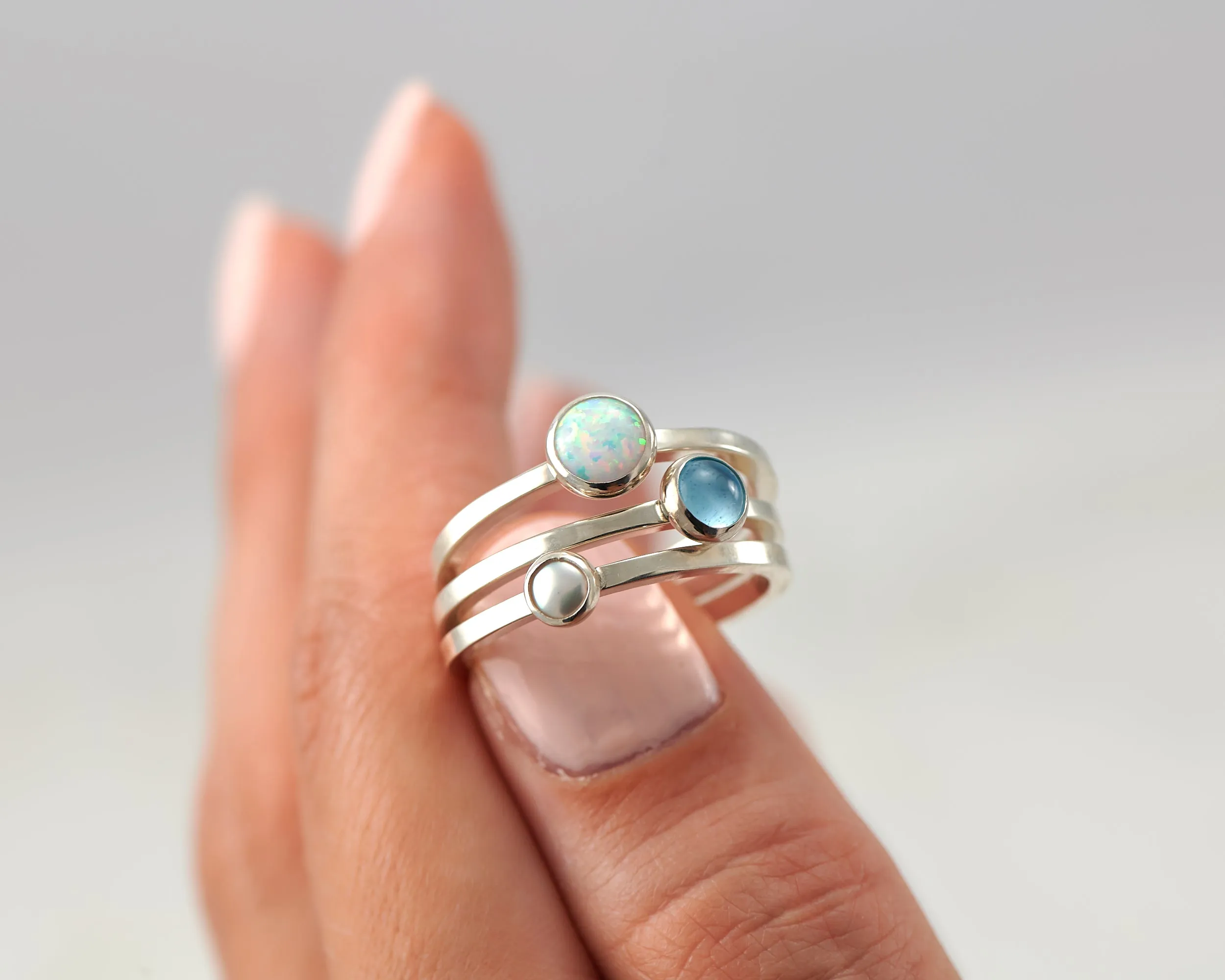 Stacking Rings - Opal, Pearl, Blue Topaz