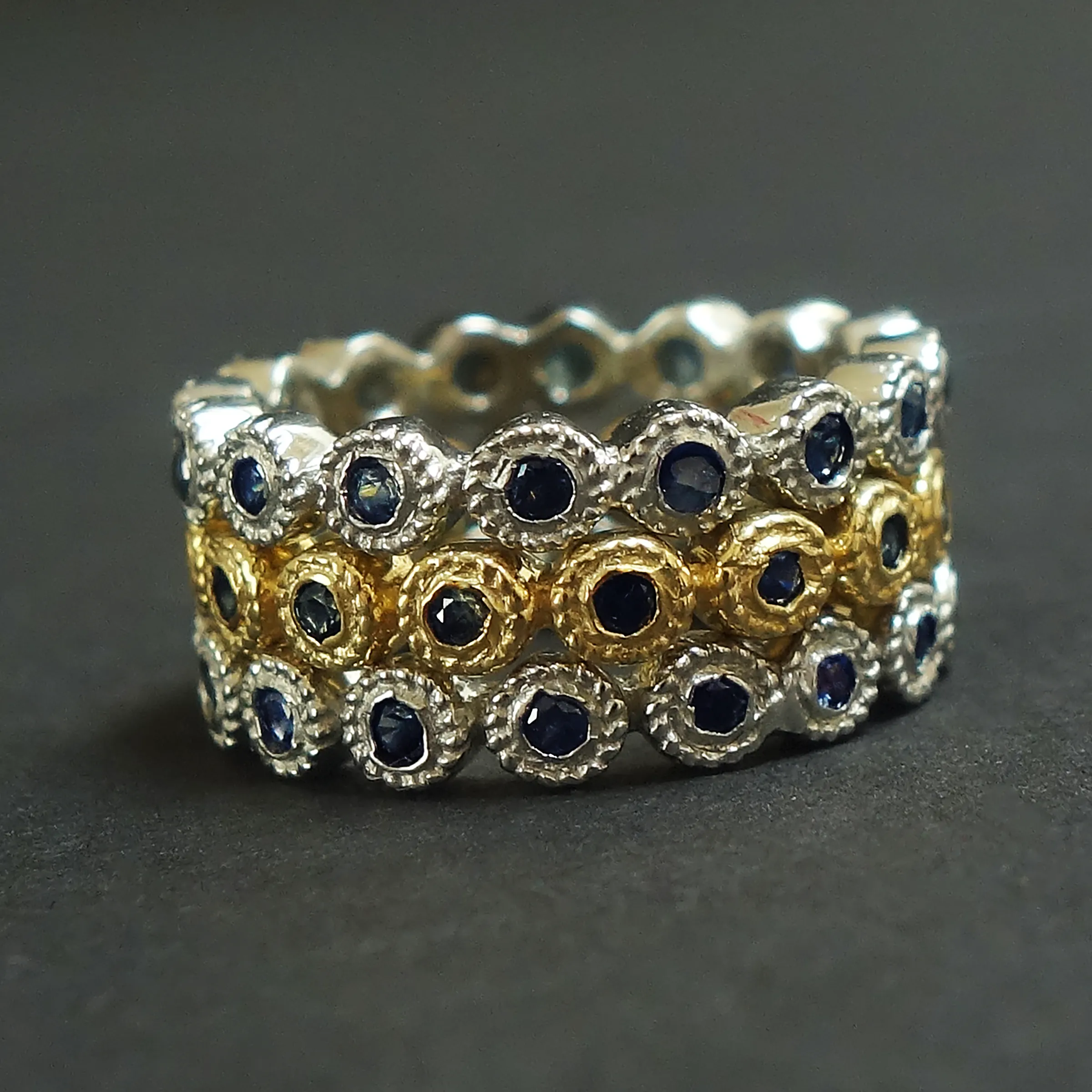 Stacking sapphire rings in silver   gold