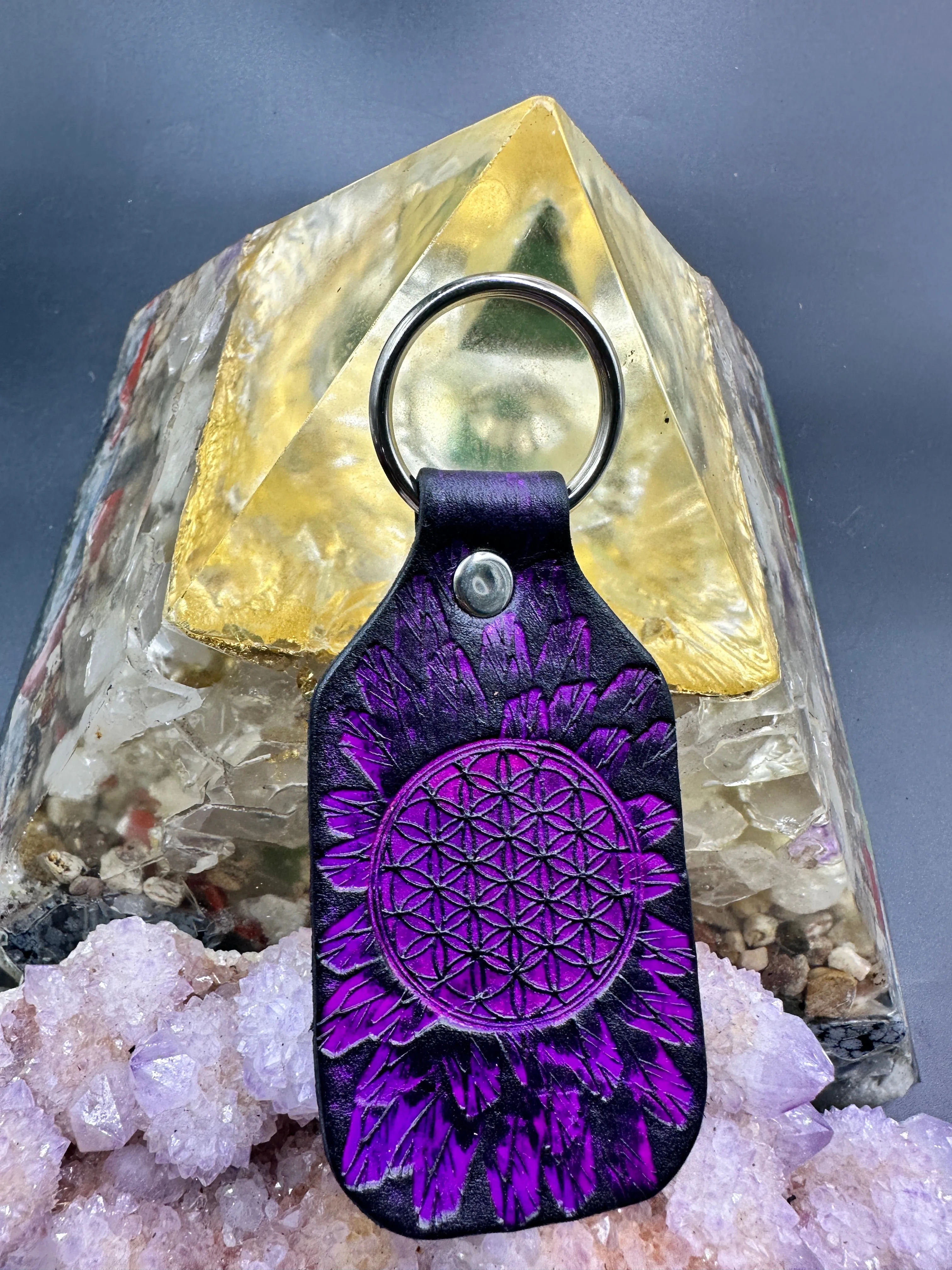 Stamped Leather Keychain - Flower of Life