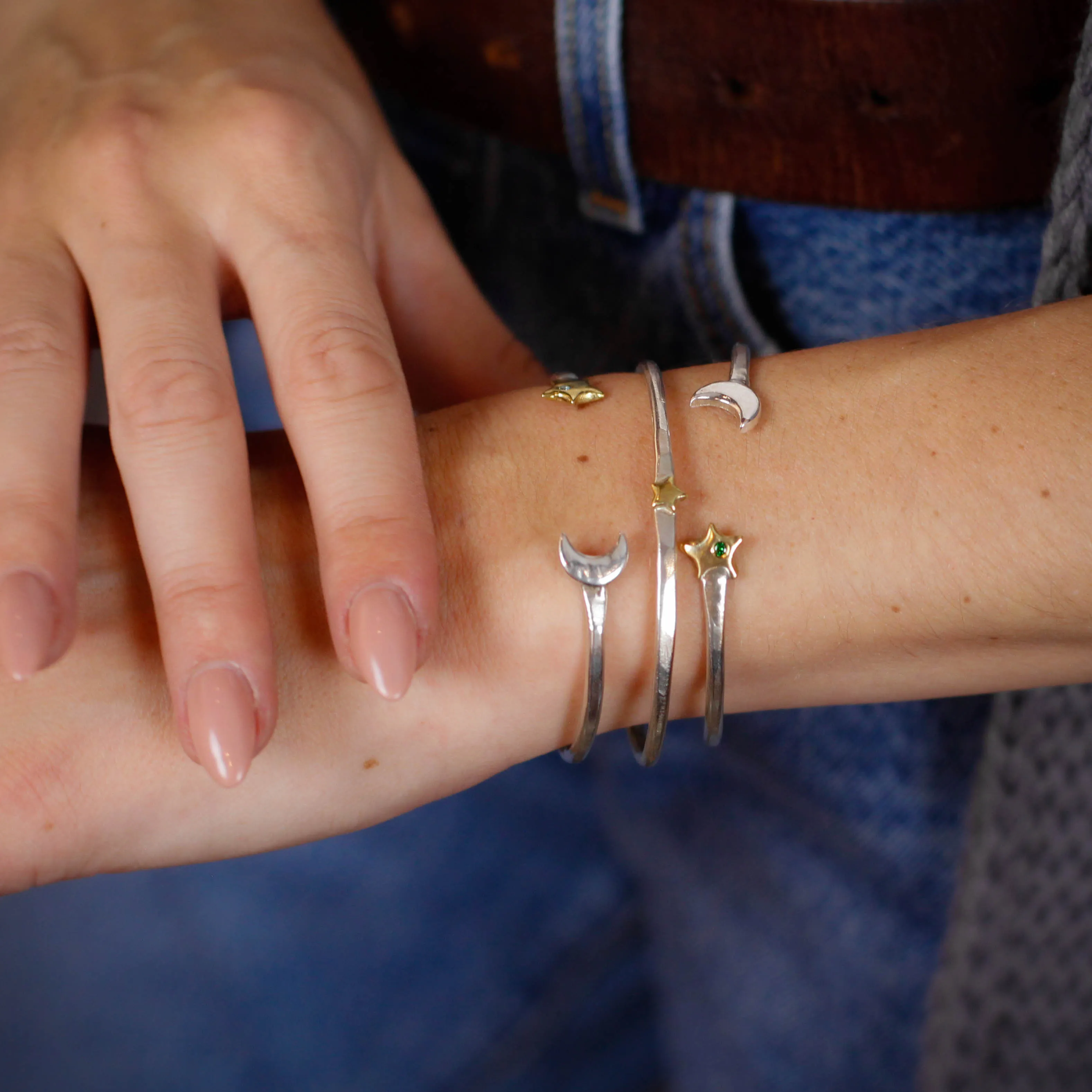 Star Stacking Cuff bracelet sterling silver and golden bronze