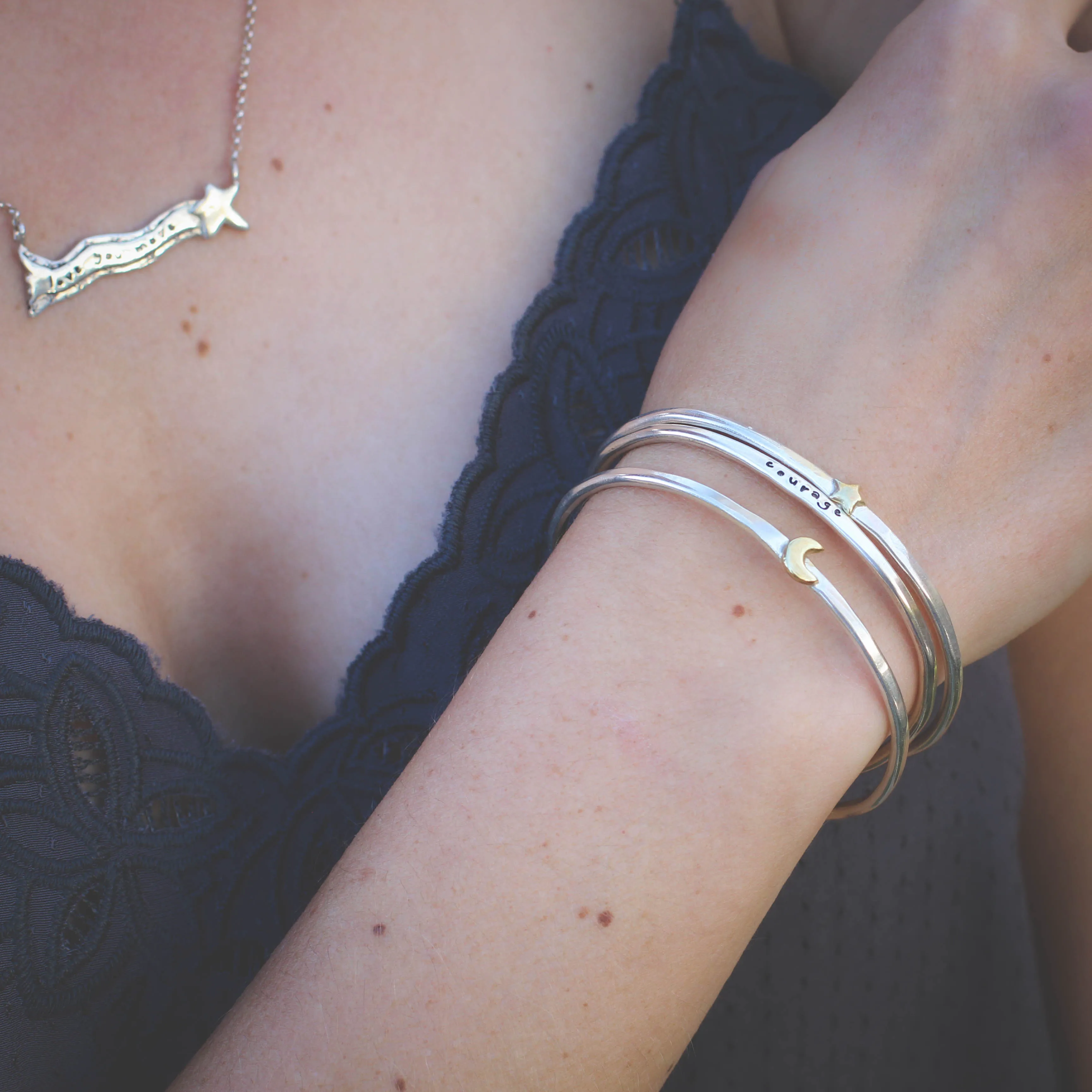 Star Stacking Cuff bracelet sterling silver and golden bronze