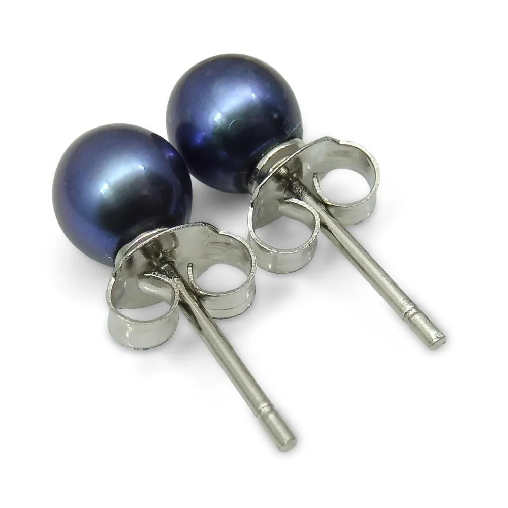 Sterling Silver 5mm Pair Natural Peacock Blue Pearl Stud Earrings