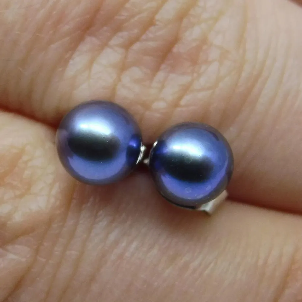 Sterling Silver 5mm Pair Natural Peacock Blue Pearl Stud Earrings