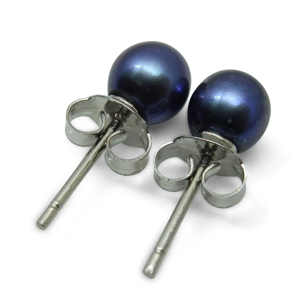 Sterling Silver 5mm Pair Natural Peacock Blue Pearl Stud Earrings