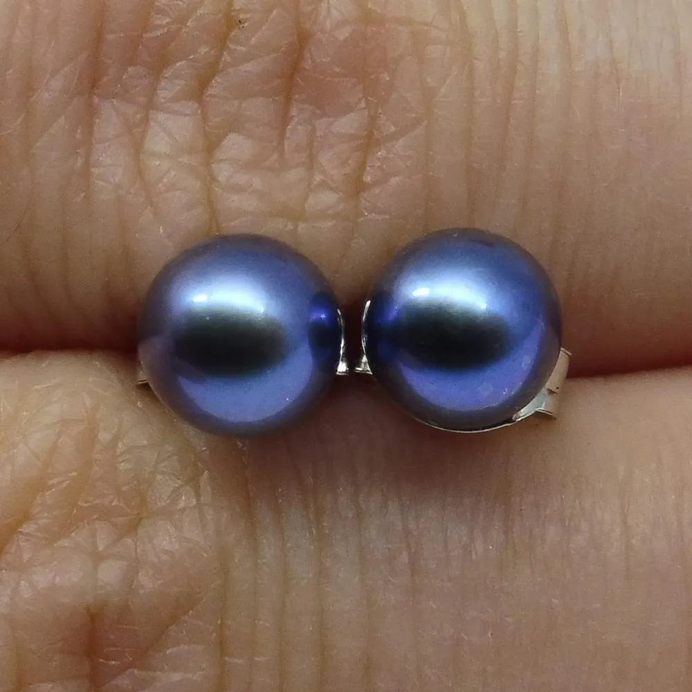 Sterling Silver 5mm Pair Natural Peacock Blue Pearl Stud Earrings