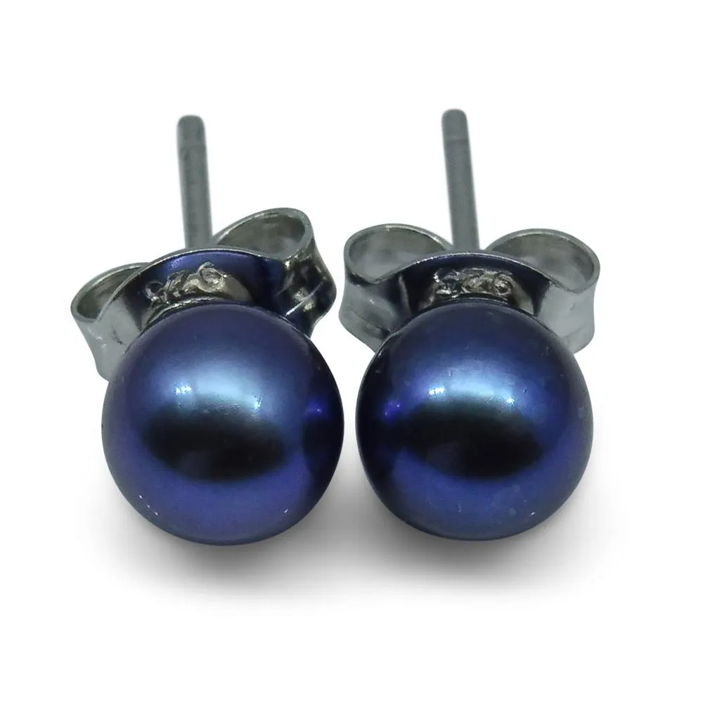 Sterling Silver 5mm Pair Natural Peacock Blue Pearl Stud Earrings