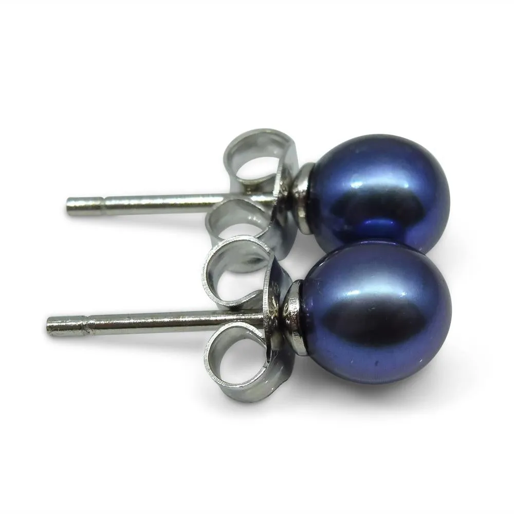 Sterling Silver 5mm Pair Natural Peacock Blue Pearl Stud Earrings