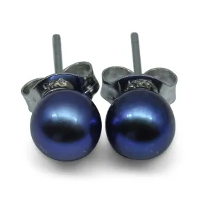 Sterling Silver 5mm Pair Natural Peacock Blue Pearl Stud Earrings