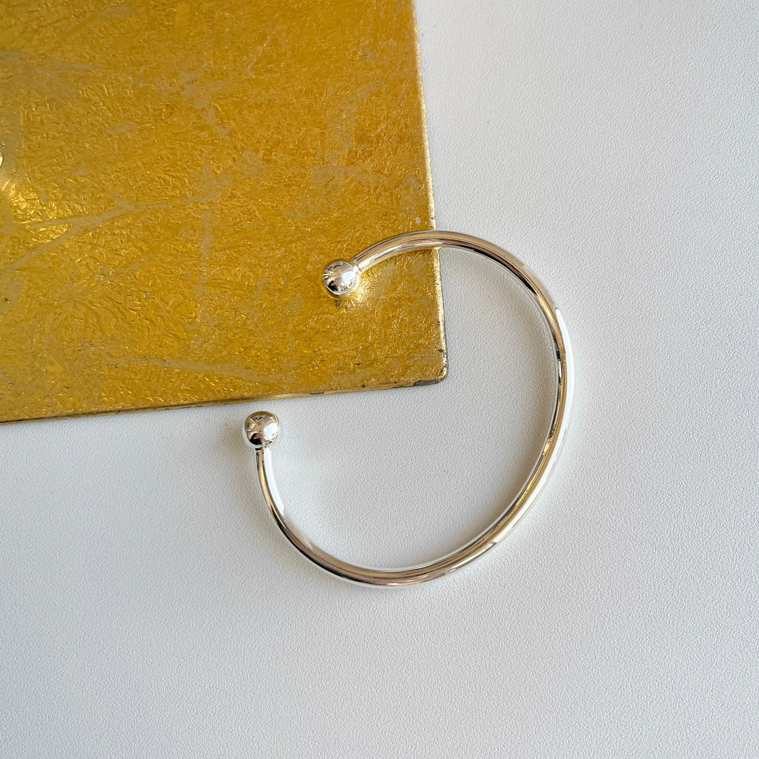 Sterling Silver Ball End Cap Open Cuff Bangle Bracelet