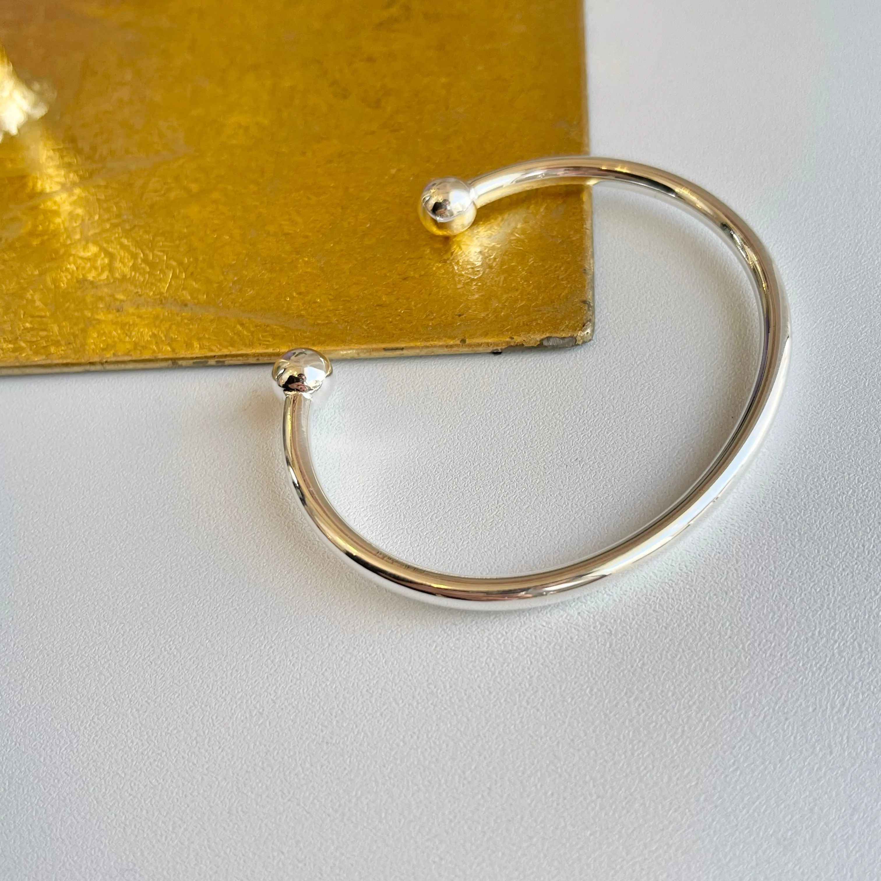 Sterling Silver Ball End Cap Open Cuff Bangle Bracelet