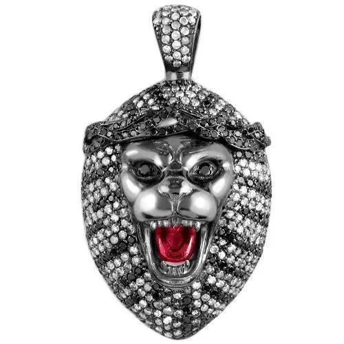 Sterling Silver Black Rhodium Plated Mens Custom Design Diamond Tiger Pendant With White And Black Diamonds 5.00 Ctw