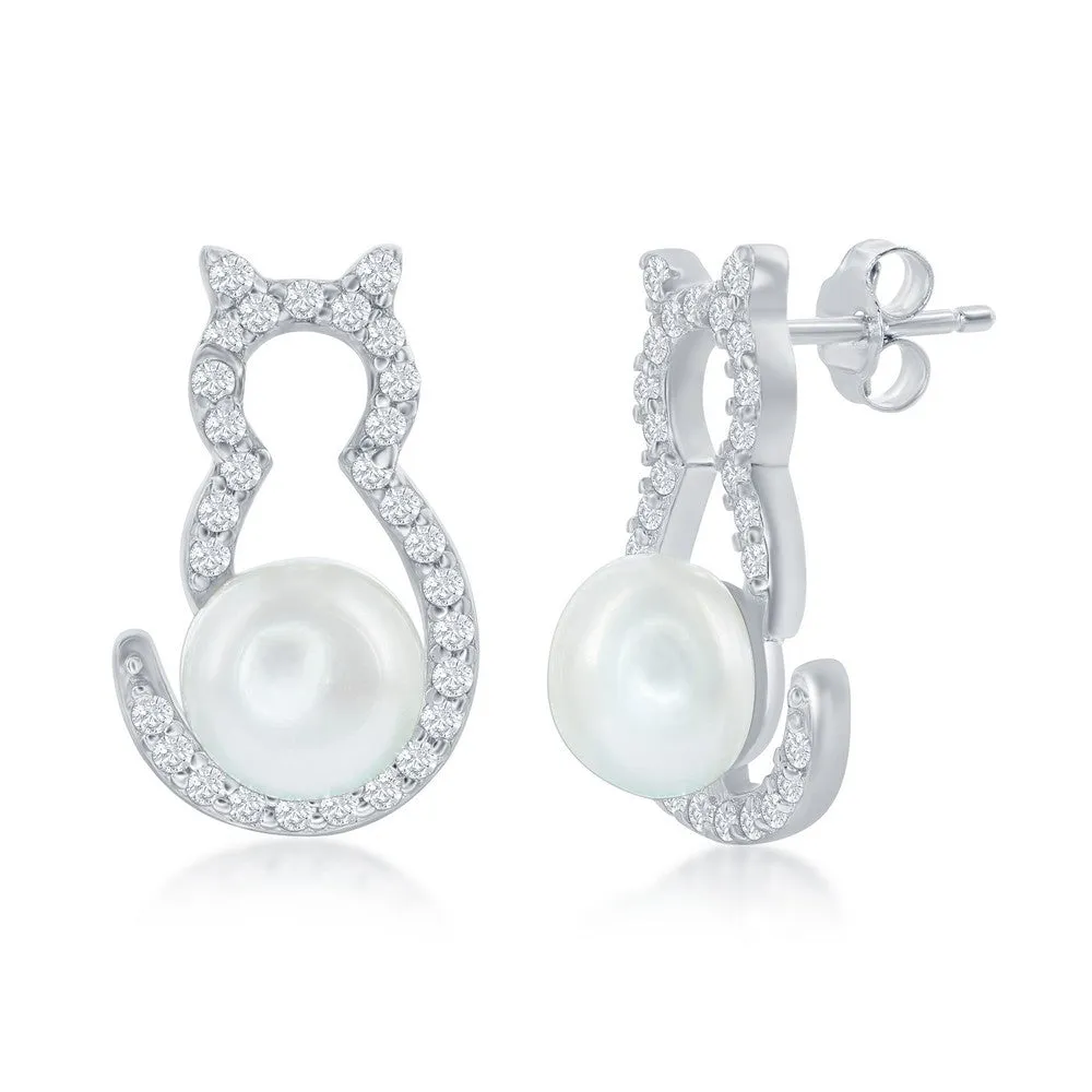 Sterling Silver Cubic Zirconia Cat with Freshwater Pearl Earrings (97585)