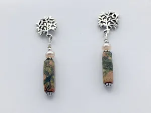 Sterling Silver floral leaf bush stud w/unakite and freshwater pearl dangle Earrings-garden, gardener